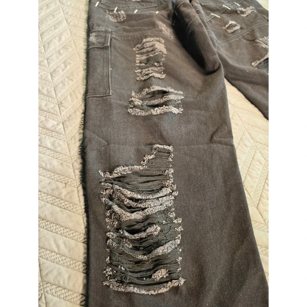 Sora Cruel Fate Distressed Cargo Pants Black Denim Heart Embroidery Mens Large